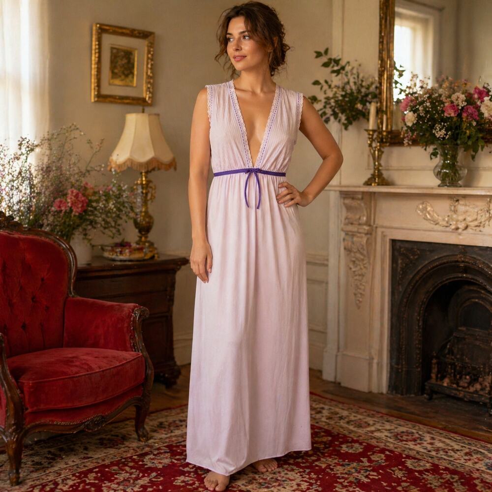 70s Glencraft Lavender Nylon Plunging V Neck Lounge Gown Nightgown - M